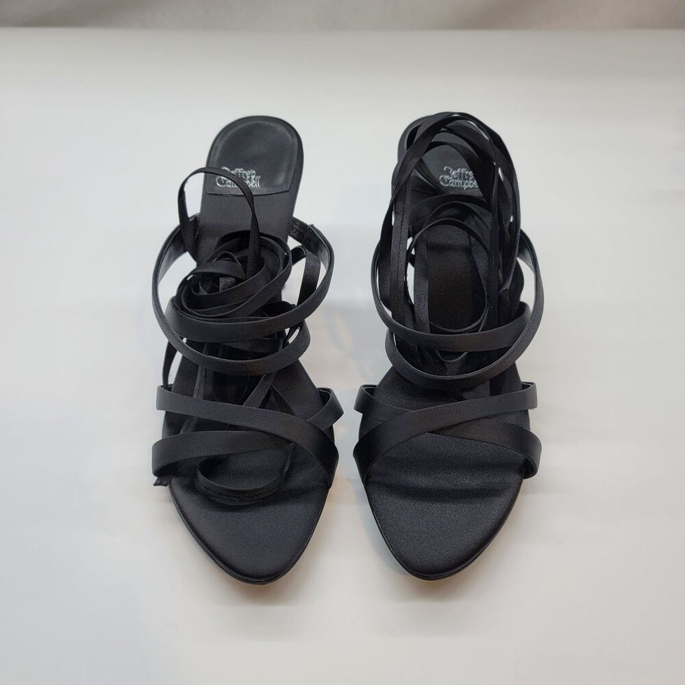 Jeffrey Campbell Obsessed Black Satin Strappy Ankle-Wrap Stiletto Heels Size 11